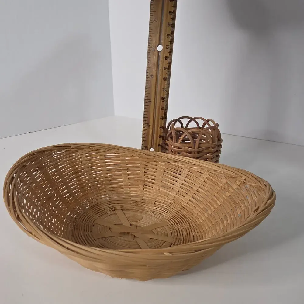 Natural Wicker Oval Basket & Woven Napkin Ring Boho Cottagecore Decor
